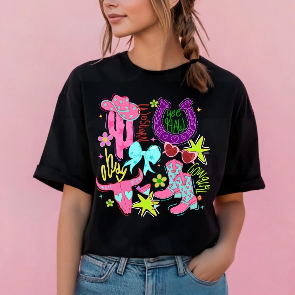 Neon Western Retro Cowgirl Nashville Disco Boho Coastal Aesthetic Graphic Tee
